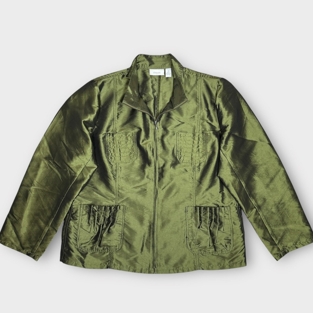 Chico's Olive Green Shimmer Zip Front Jacket with Pockets Women's Size 3‎ 16/18